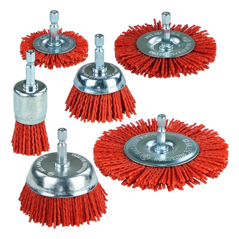 SALI 6 Pack Nylon Filament Abrasive Wire Brush Wheel & Cup Brush Set with 1/4 Inch Hex Shank, 6 Sizes Nylon Drill Brush Set for Removal of Rust Corrosion Paint - Image 1